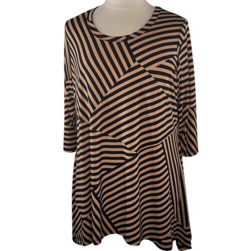 Woman Within Asymmetrical Black and Tan Striped Swing Hem Tunic